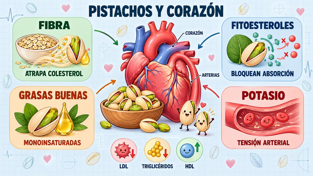 Fibra, fitoesteroles, grasas buenas y potasio: cómo los pistachos ayudan a controlar el colesterol.