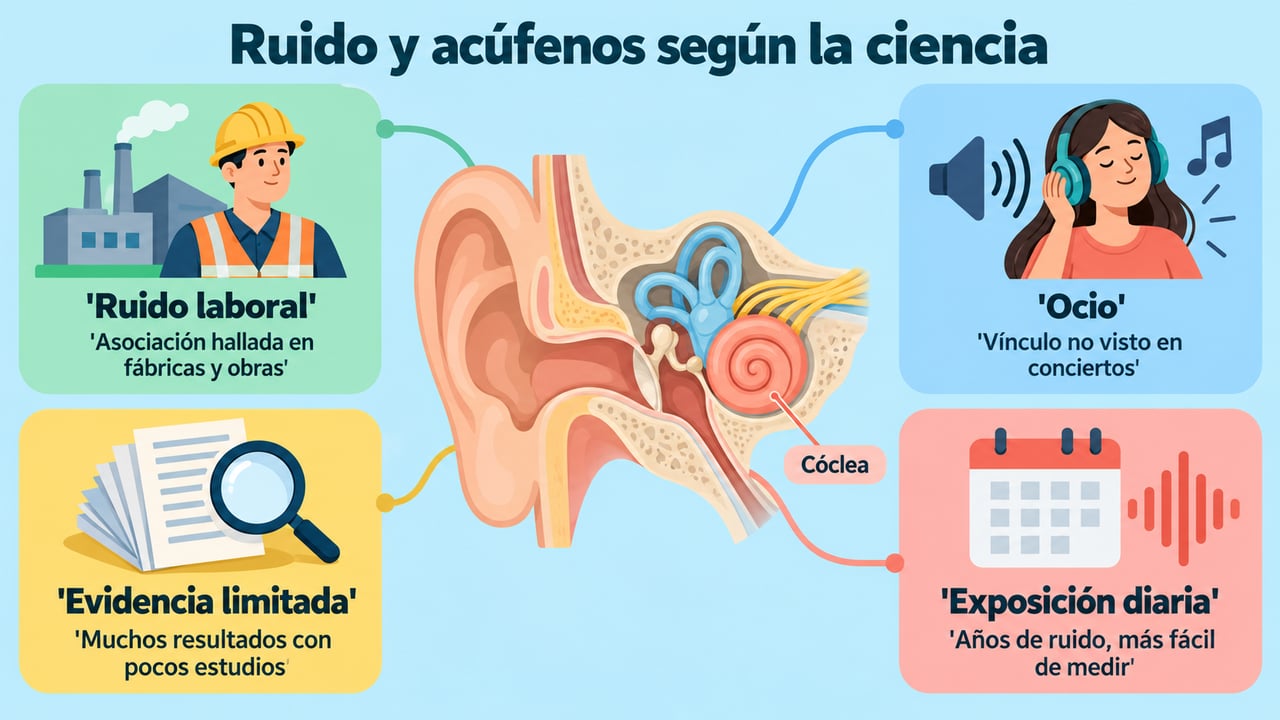 El ruido laboral se asocia a los acúfenos, aunque la evidencia sobre el ocio es limitada.