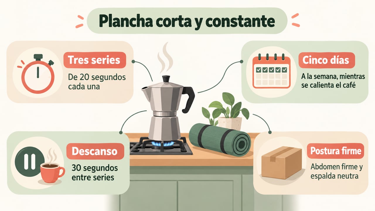 Tres series de 20 segundos, cinco días a la semana, con descanso y postura firme.
