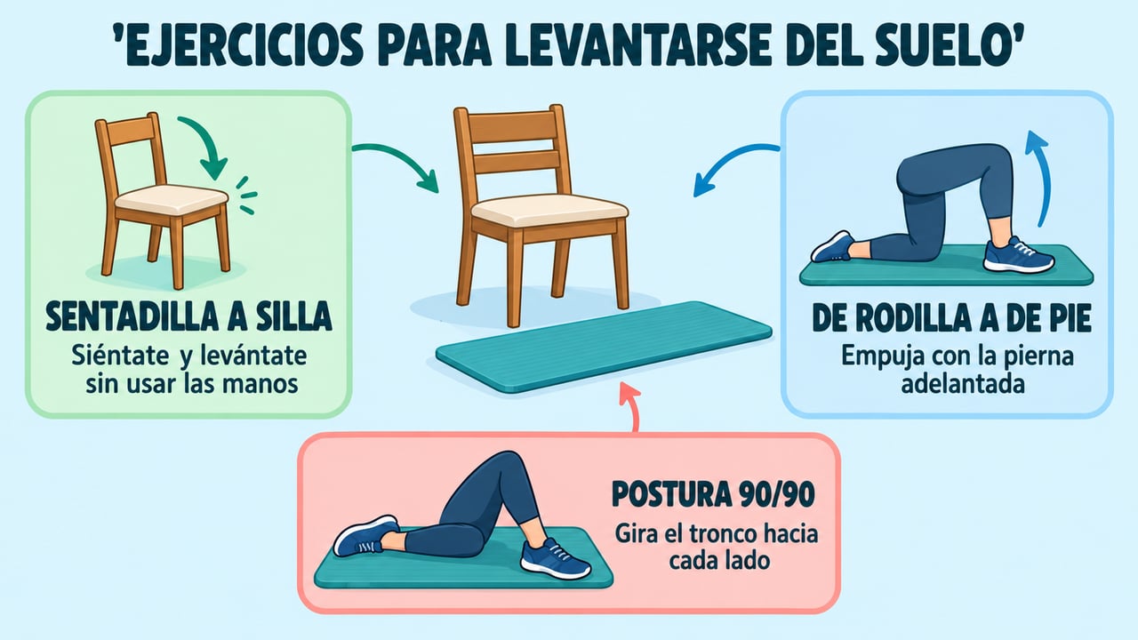 Tres ejercicios que reproducen las fases de levantarse del suelo: sentadilla a silla, de rodilla a de pie y postura 90/90.