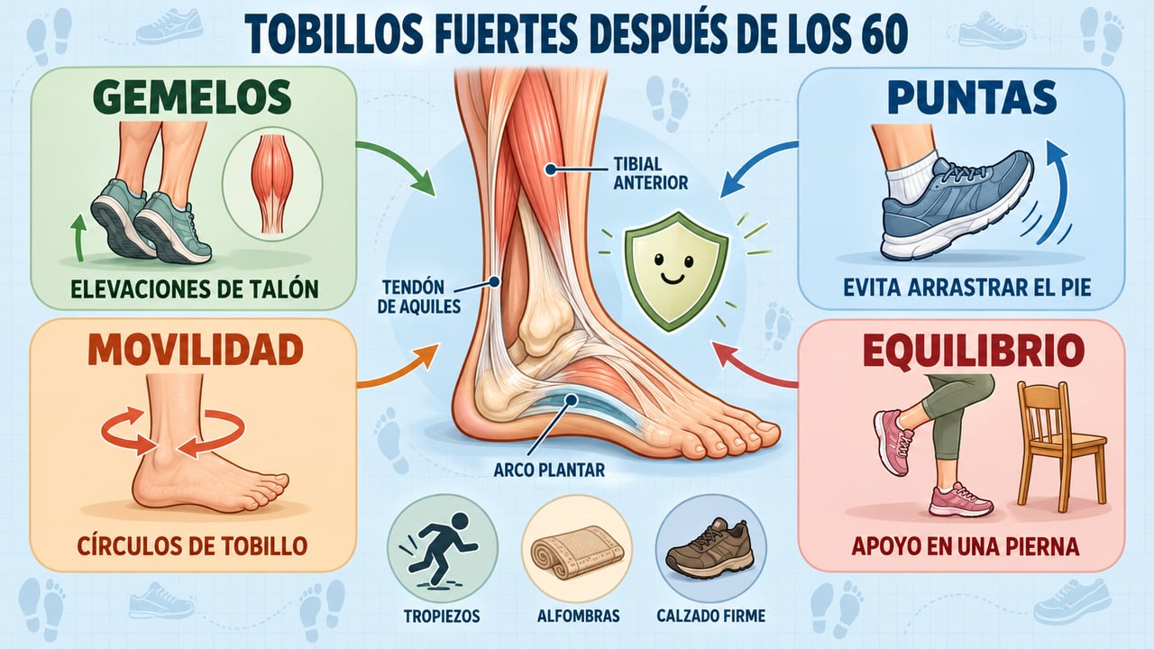 Cuatro pilares para tobillos firmes: gemelos, puntas, movilidad y equilibrio sobre una pierna.
