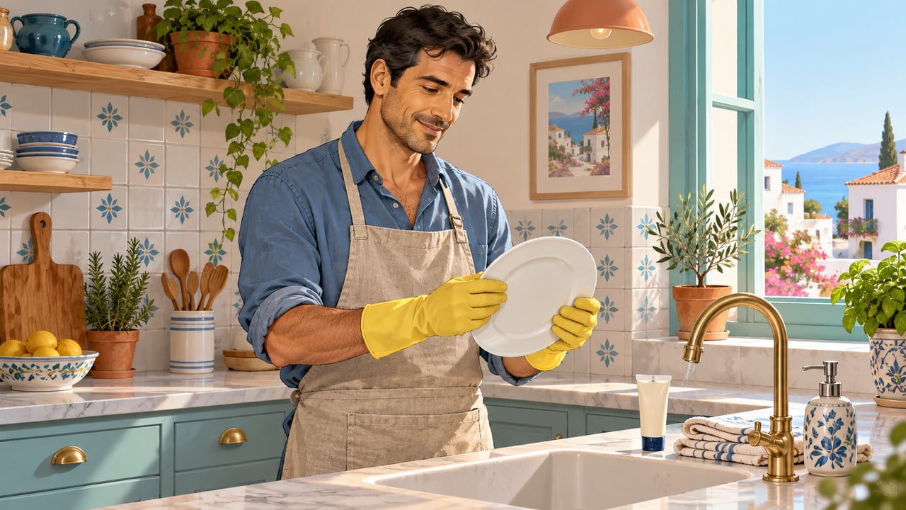 Usar guantes para fregar protege la barrera de la piel del contacto prolongado con el agua.