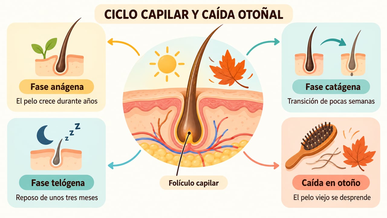 Las fases anágena, catágena y telógena explican por qué el pelo cae en otoño.