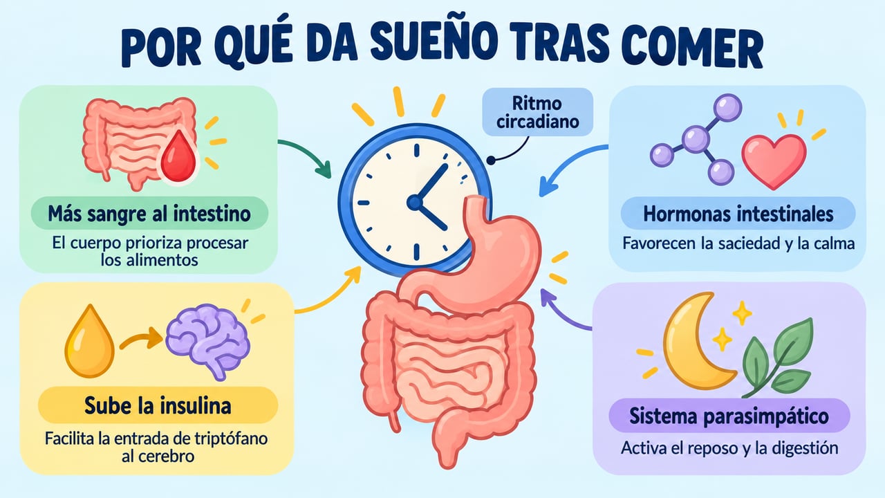 Reloj interno y digestión se suman: más sangre al intestino, hormonas, insulina y reposo.