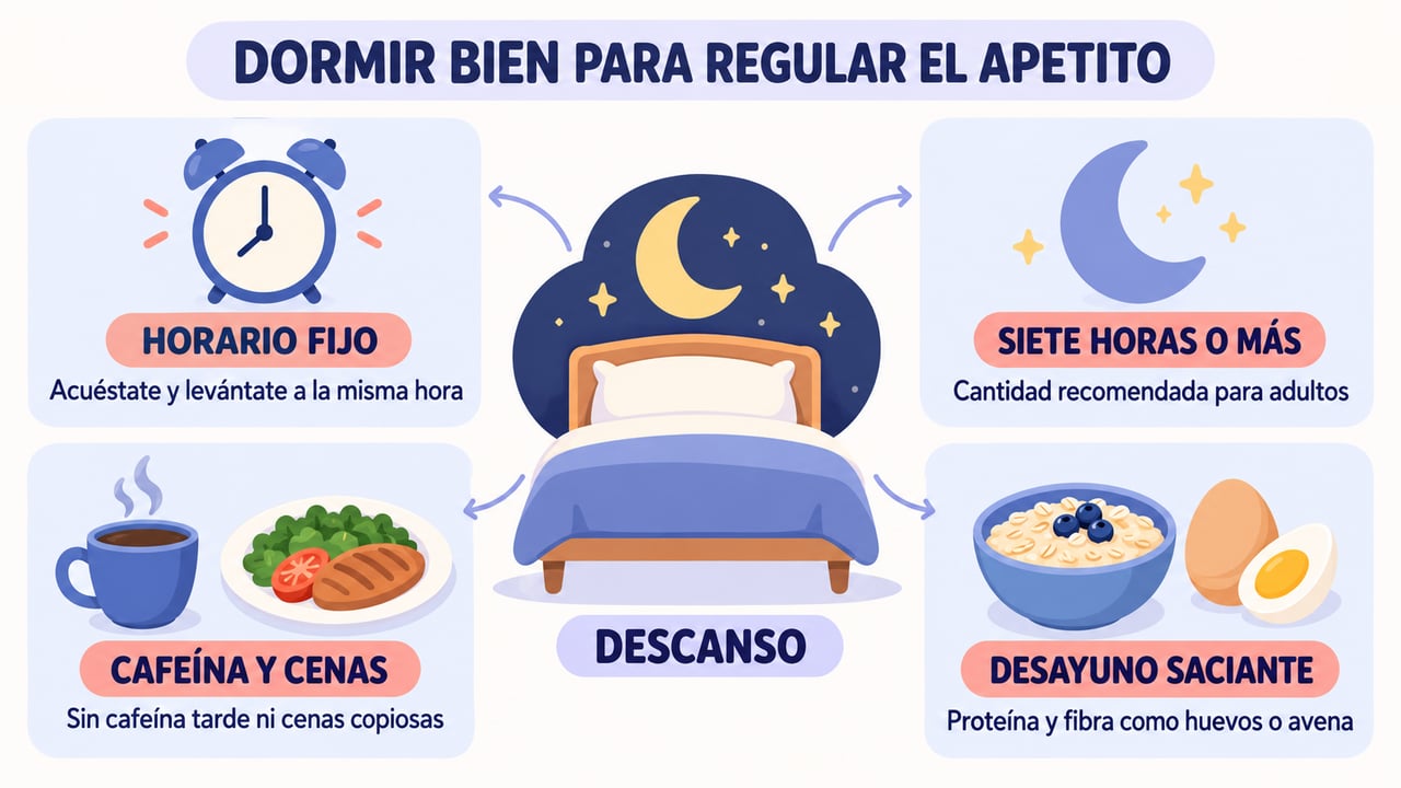 Horario fijo, sueño suficiente, menos cafeína y desayuno saciante para regular el apetito.