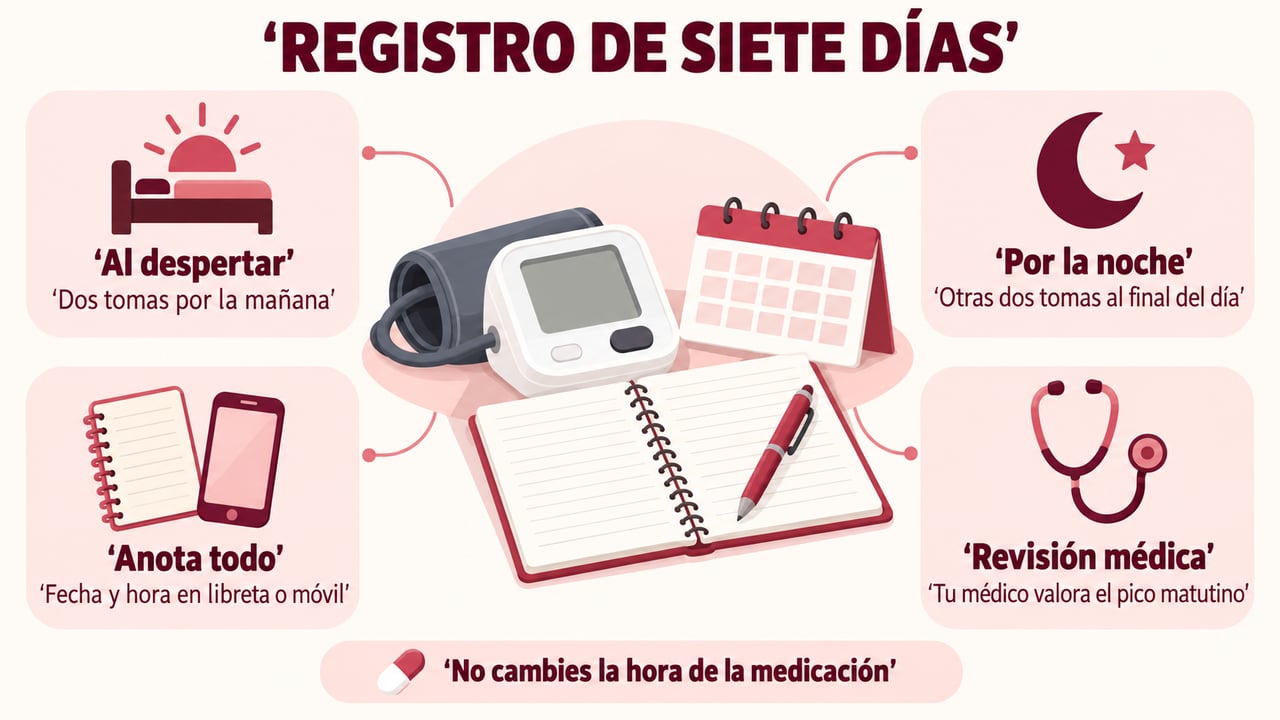 Registro de siete días: dos tomas al despertar, dos por la noche y revisión médica.