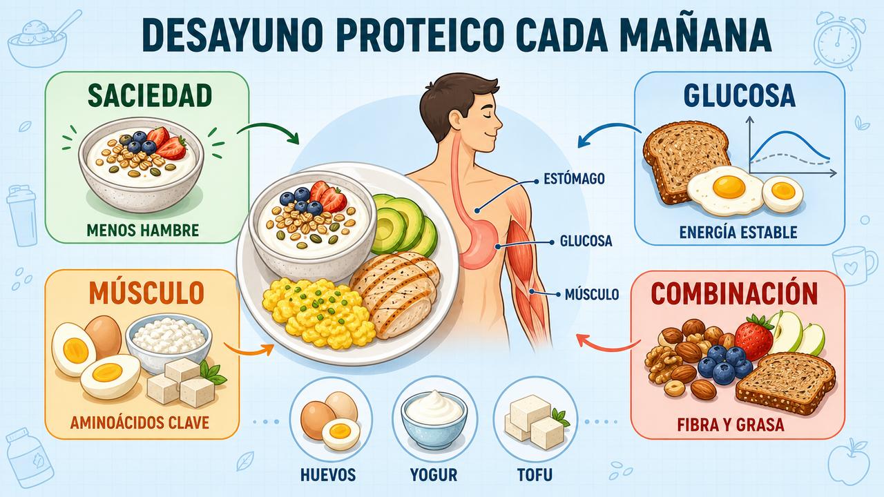Saciedad, glucosa, músculo y buena combinación forman los pilares del desayuno proteico.