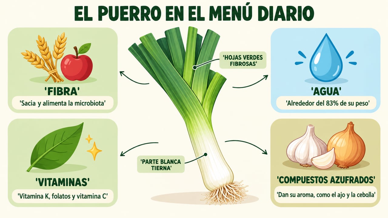 Fibra, agua, vitaminas y compuestos azufrados: lo que aporta el puerro al menú diario.