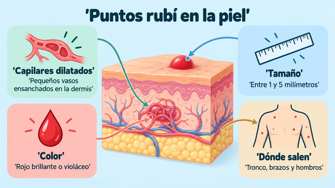 Los puntos rubí son capilares dilatados de 1 a 5 milímetros, rojos y frecuentes en el tronco.