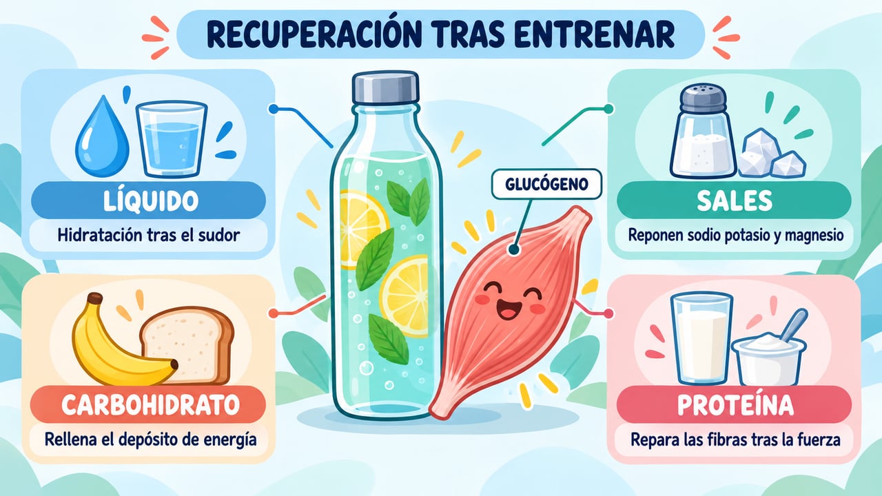 La bebida ideal tras el esfuerzo combina líquido, sales, carbohidrato y, si hubo fuerza, proteína.
