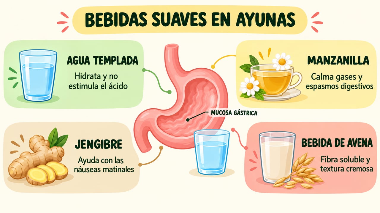 Agua templada, manzanilla, jengibre y bebida de avena: cuatro opciones suaves para el estómago en ayunas.