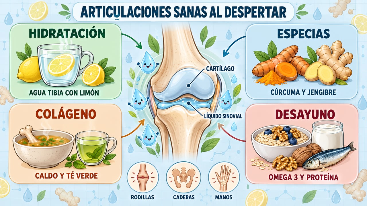 Hidratación, especias, colágeno y desayuno equilibrado: cuatro pilares para articulaciones más flexibles al despertar.