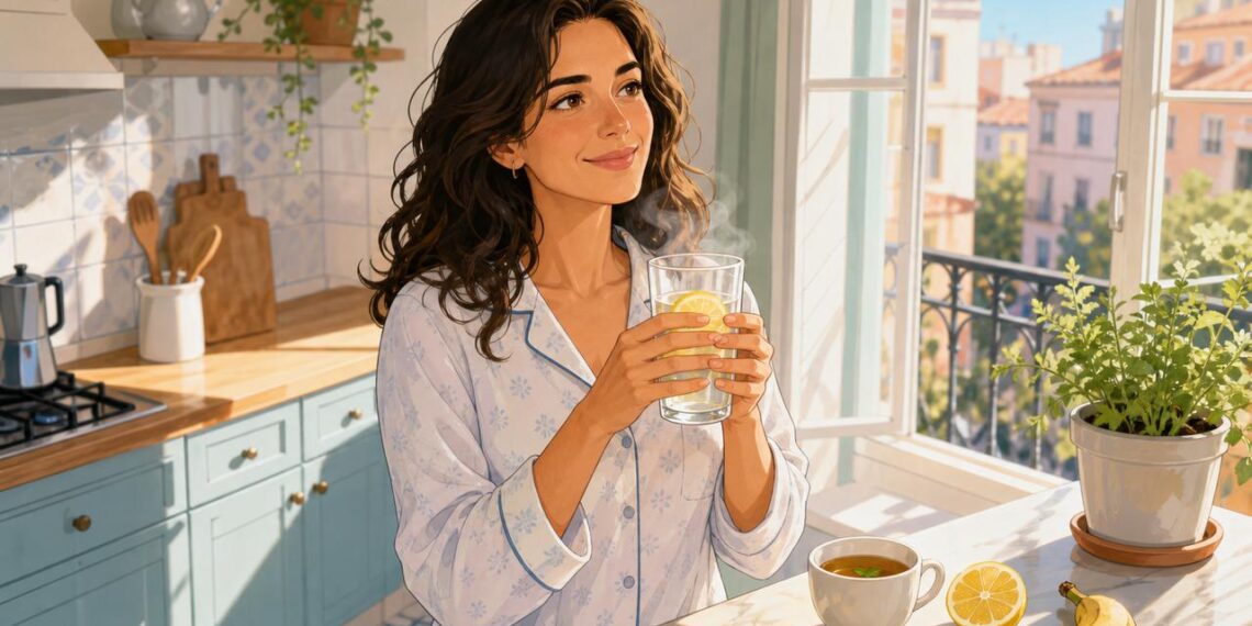 Un vaso de agua tibia con limón al despertar ayuda a empezar el día bien hidratada.