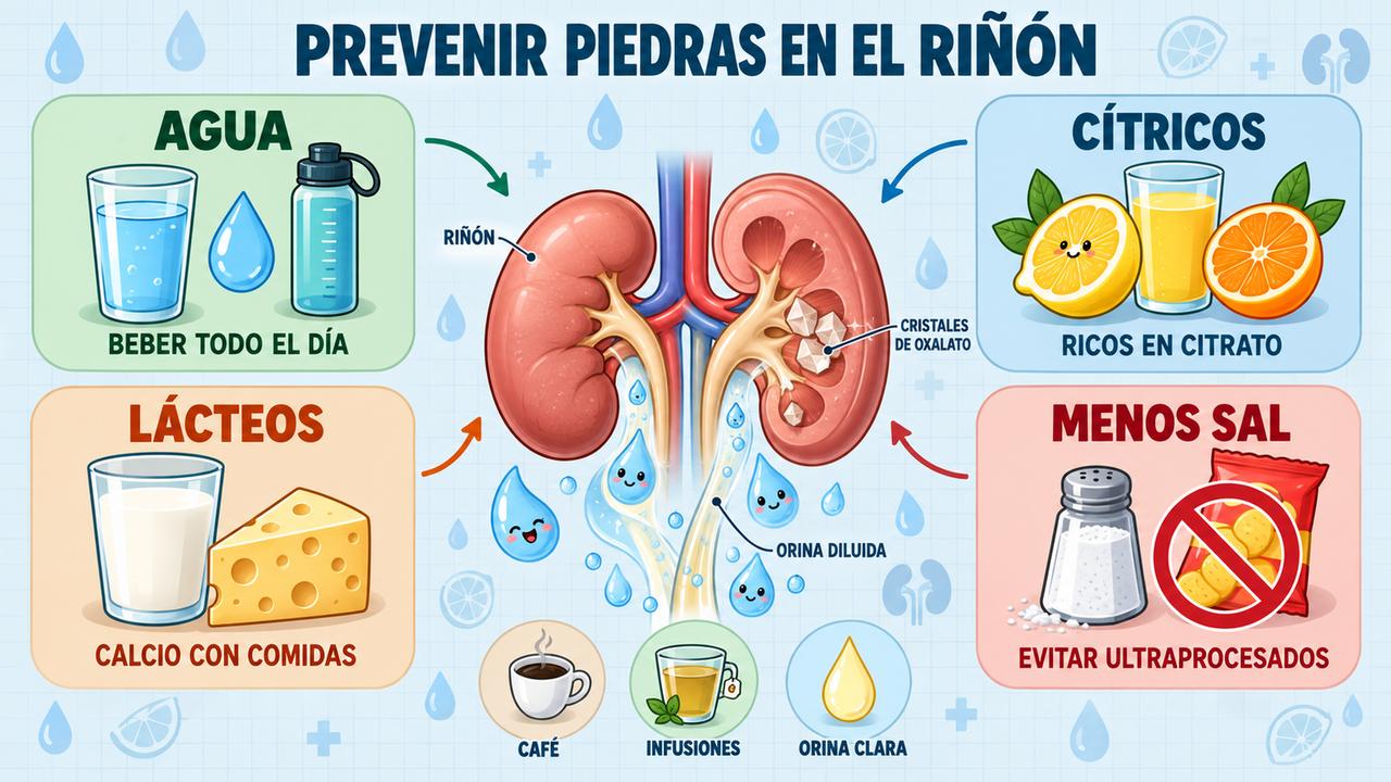 Cuatro pilares para prevenir cálculos renales: agua, cítricos, lácteos en las comidas y menos sal.