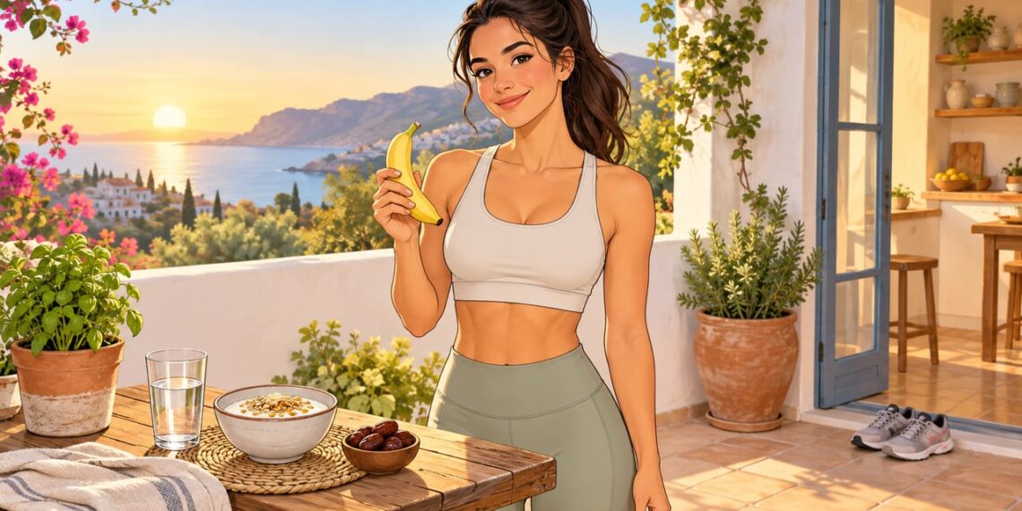Un plátano, yogur con avena y agua aportan energía ligera antes de salir a caminar.