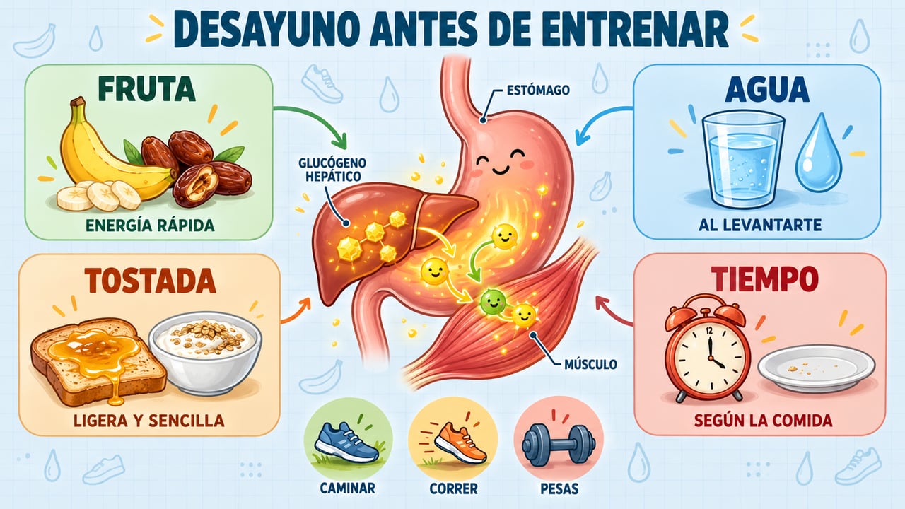 Fruta, agua, tostada y buen margen de tiempo: cuatro claves del desayuno previo al ejercicio.