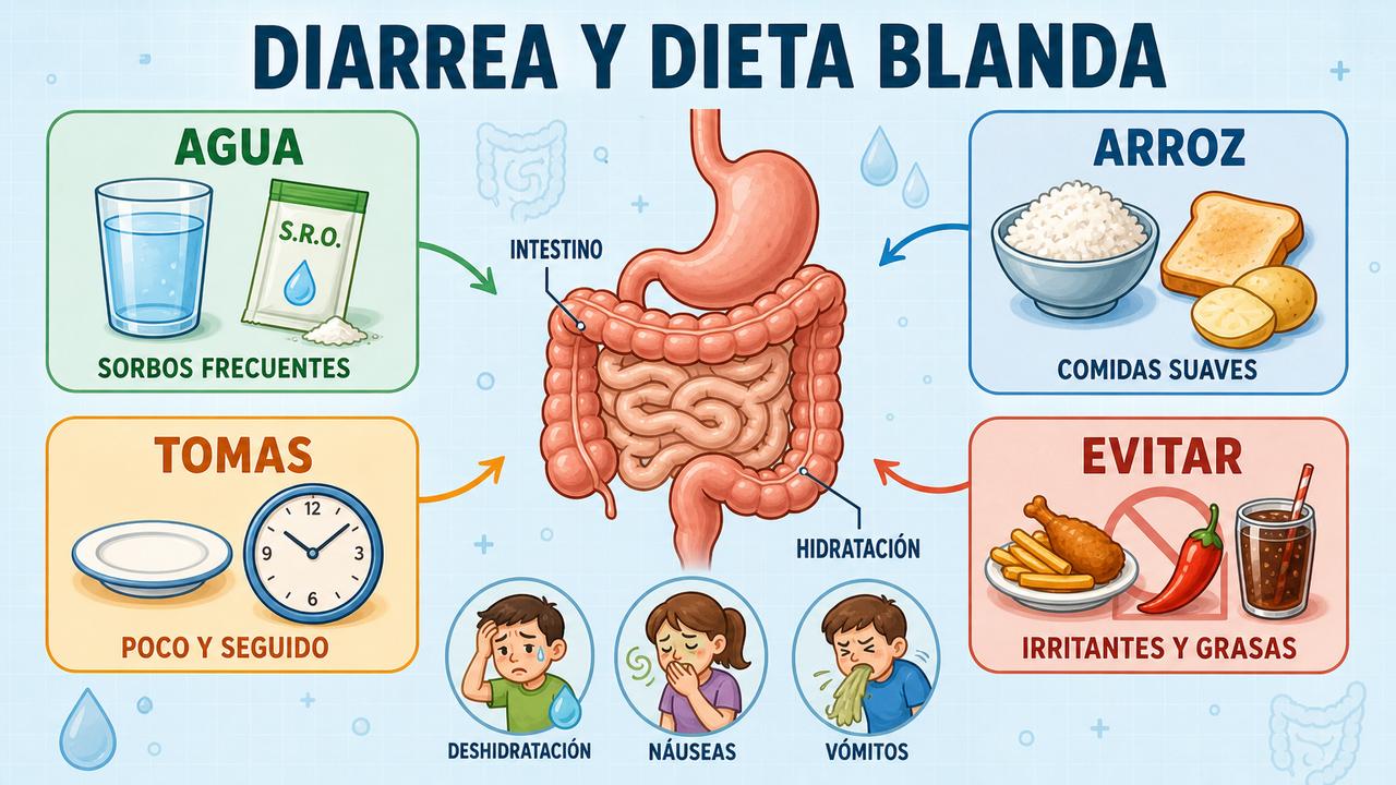 Hidratación, dieta blanda, tomas pequeñas y evitar irritantes durante la diarrea.