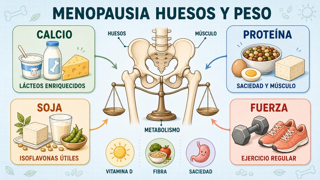 Calcio, proteína, soja y fuerza sostienen huesos sanos y mejor saciedad.