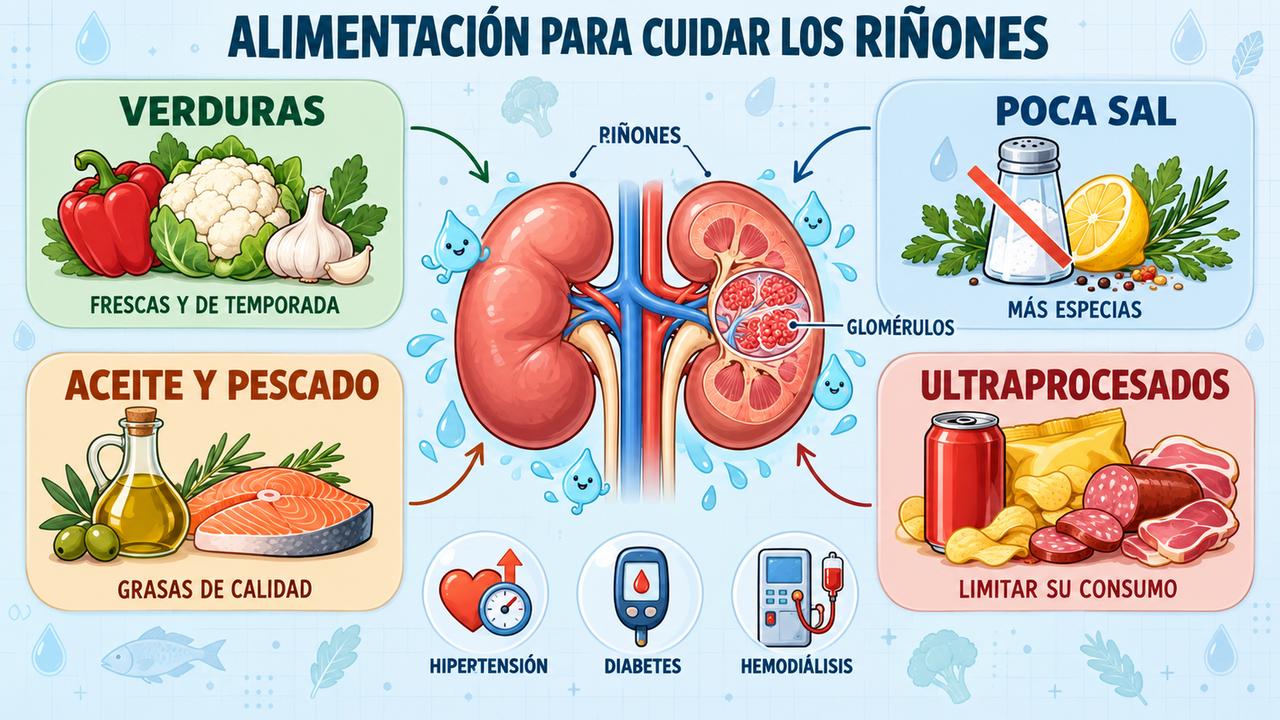 Cuatro pilares de la salud renal: verduras, poca sal, grasas de calidad y menos ultraprocesados.