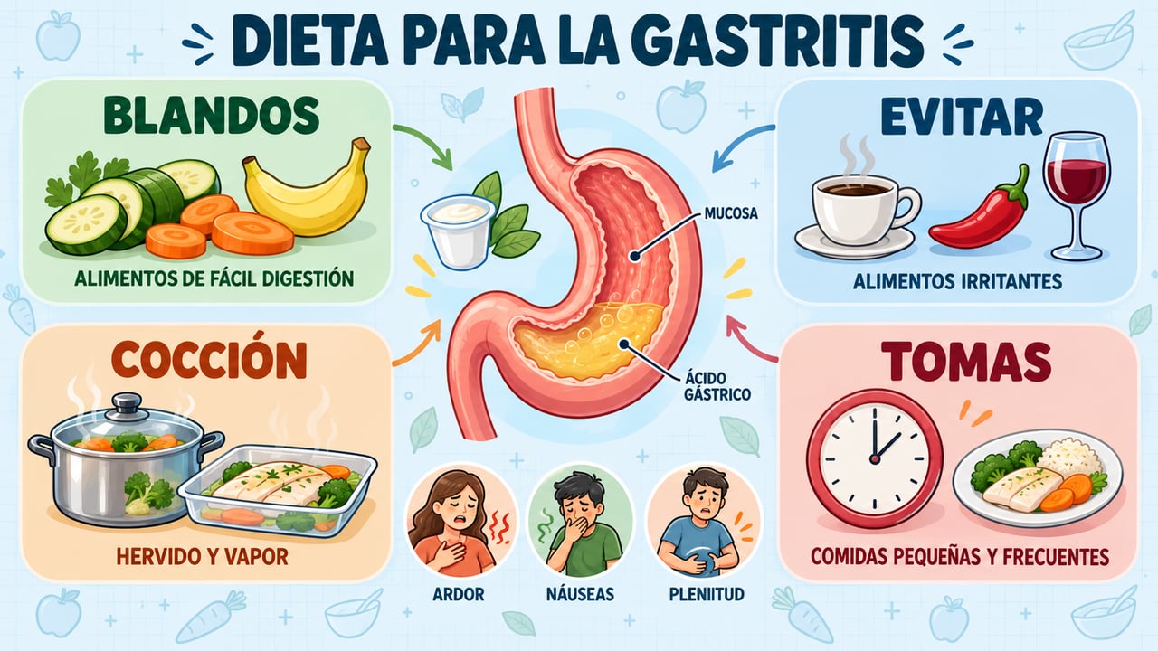 Alimentos blandos, irritantes a evitar, cocciones suaves y comidas pequeñas: los pilares de la dieta en gastritis.