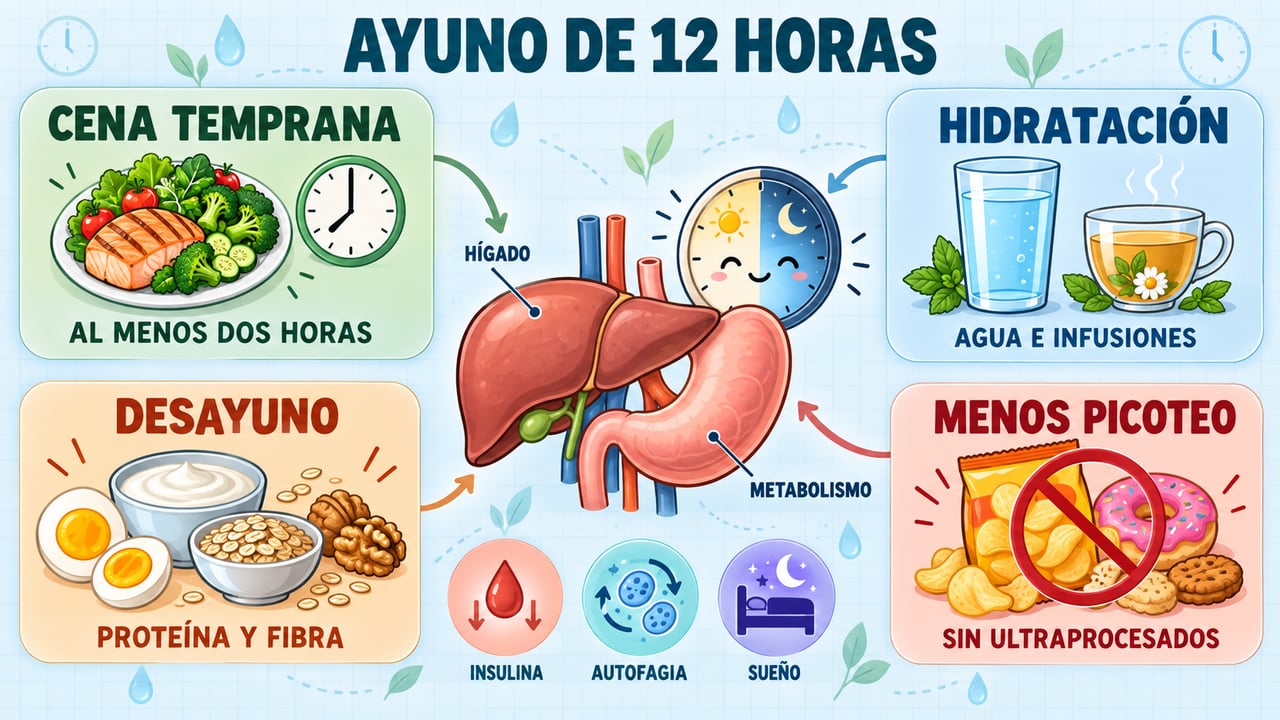 Cuatro claves del ayuno de 12 horas: cena temprana, hidratación, desayuno completo y menos picoteo nocturno.