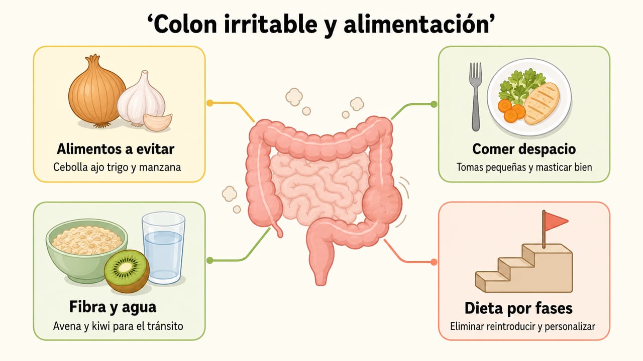 Cuatro claves frente al colon irritable: alimentos a evitar, comer despacio, fibra con agua y dieta por fases.