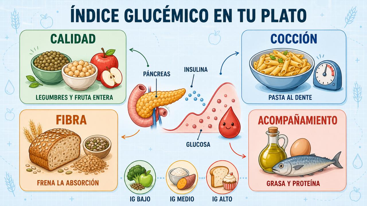 Cuatro claves para bajar el impacto glucémico: calidad, cocción, fibra y acompañamiento del plato.