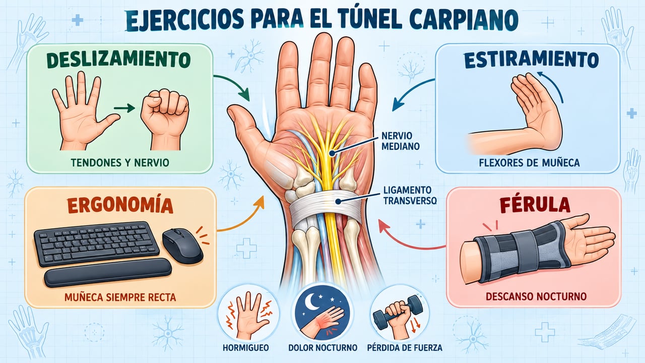 Ejercicios de deslizamiento, estiramiento, ergonomía y férula nocturna para aliviar la presión sobre el nervio mediano.