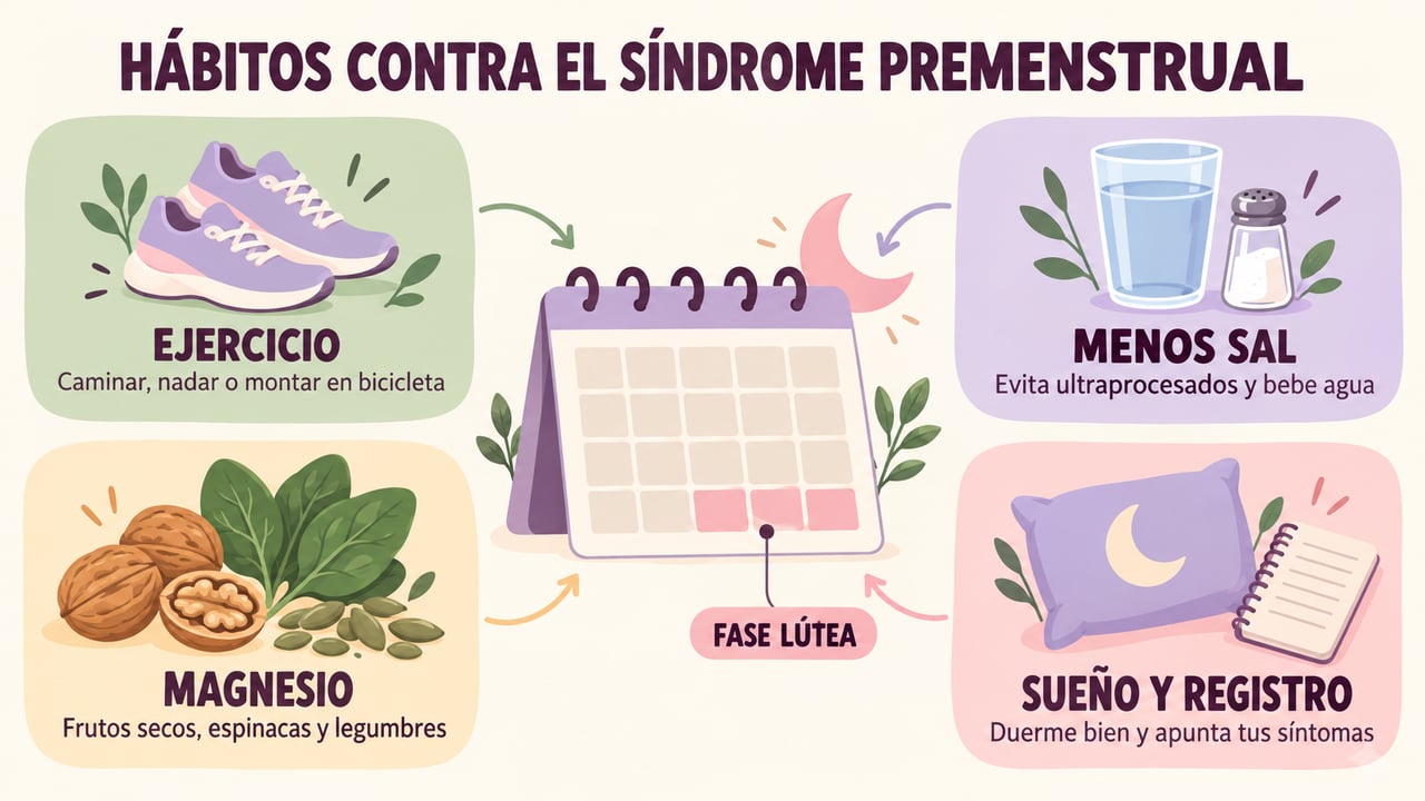 Ejercicio, menos sal, alimentos con magnesio y buen descanso con registro de síntomas alivian el síndrome premenstrual.