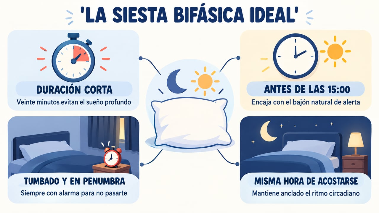 Cuatro claves de la siesta bifásica: duración corta, antes de las 15:00, penumbra y horario fijo nocturno.