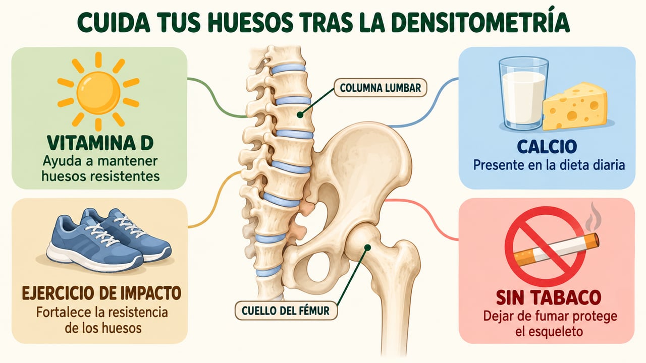 Vitamina D, calcio, ejercicio de impacto y no fumar ayudan a conservar huesos resistentes.