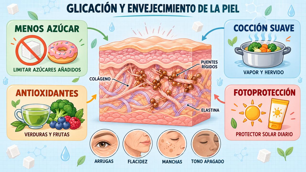 Cuatro hábitos frente a la glicación: menos azúcar, cocción suave, antioxidantes y protección solar diaria.