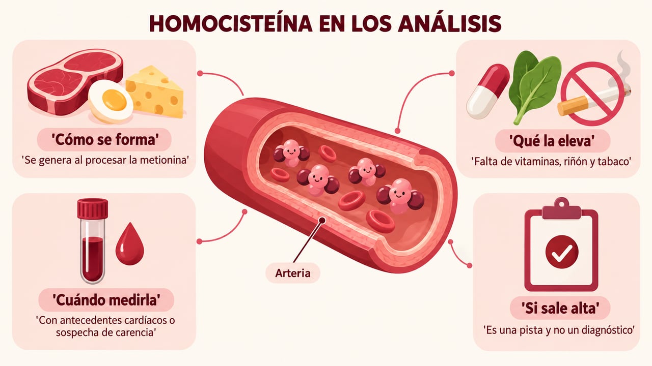 La homocisteína se forma con la metionina, sube por carencias y se mide en casos concretos.