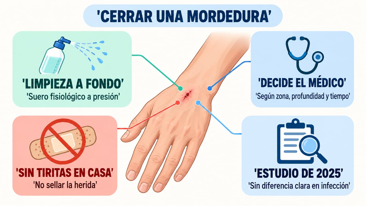Limpieza a fondo, decisión médica y sin tiritas caseras: claves para cerrar una mordedura.