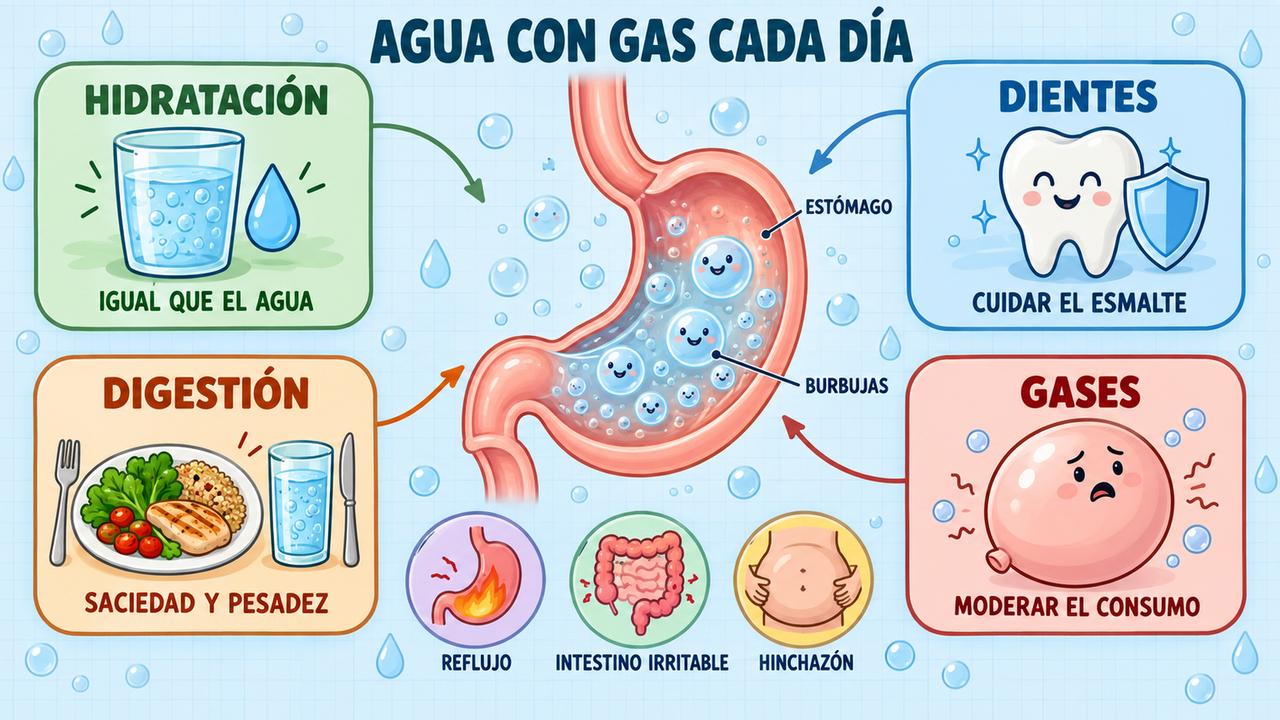 Cuatro claves del agua con gas diaria: hidratación, dientes, digestión y gases.