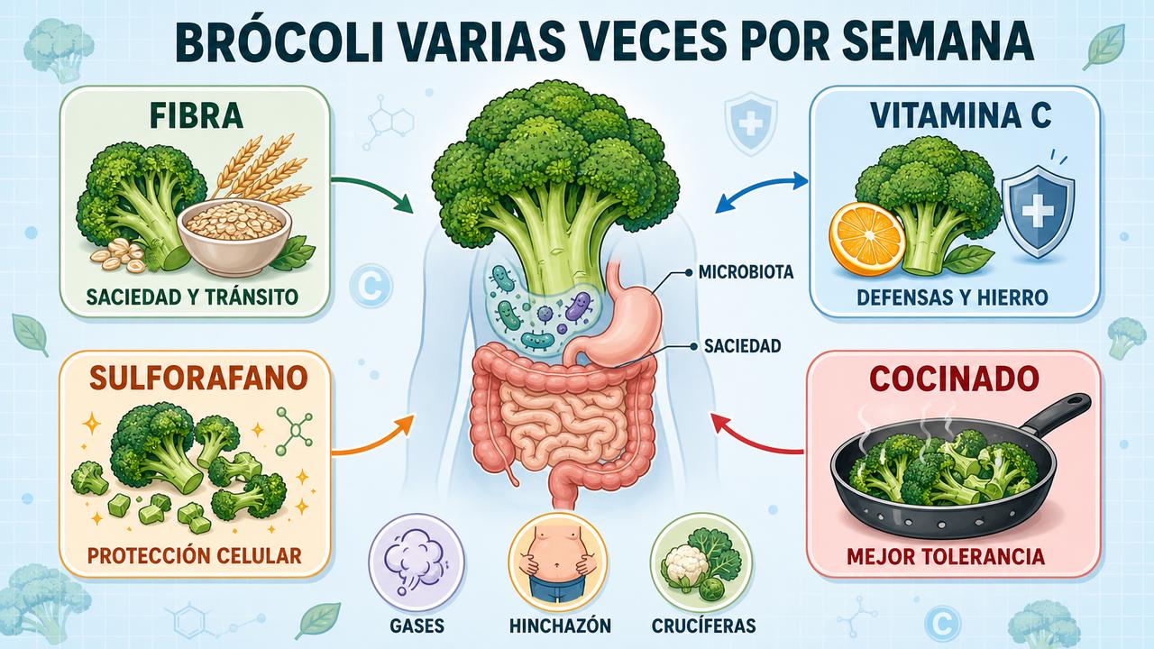 Fibra, vitamina C, sulforafano y cocinado explican los efectos del brócoli.