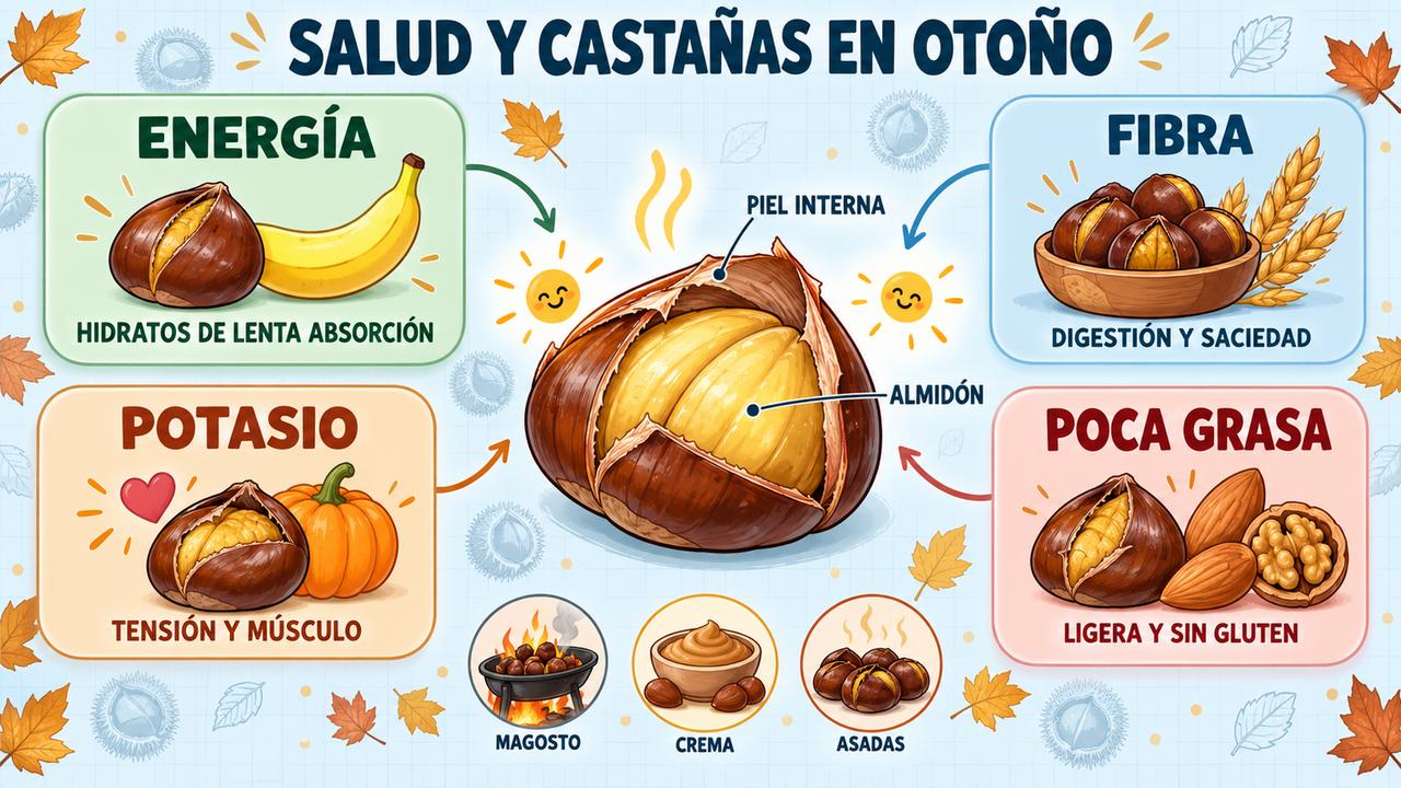 Cuatro claves de la castaña: energía gradual, fibra, potasio y muy poca grasa.