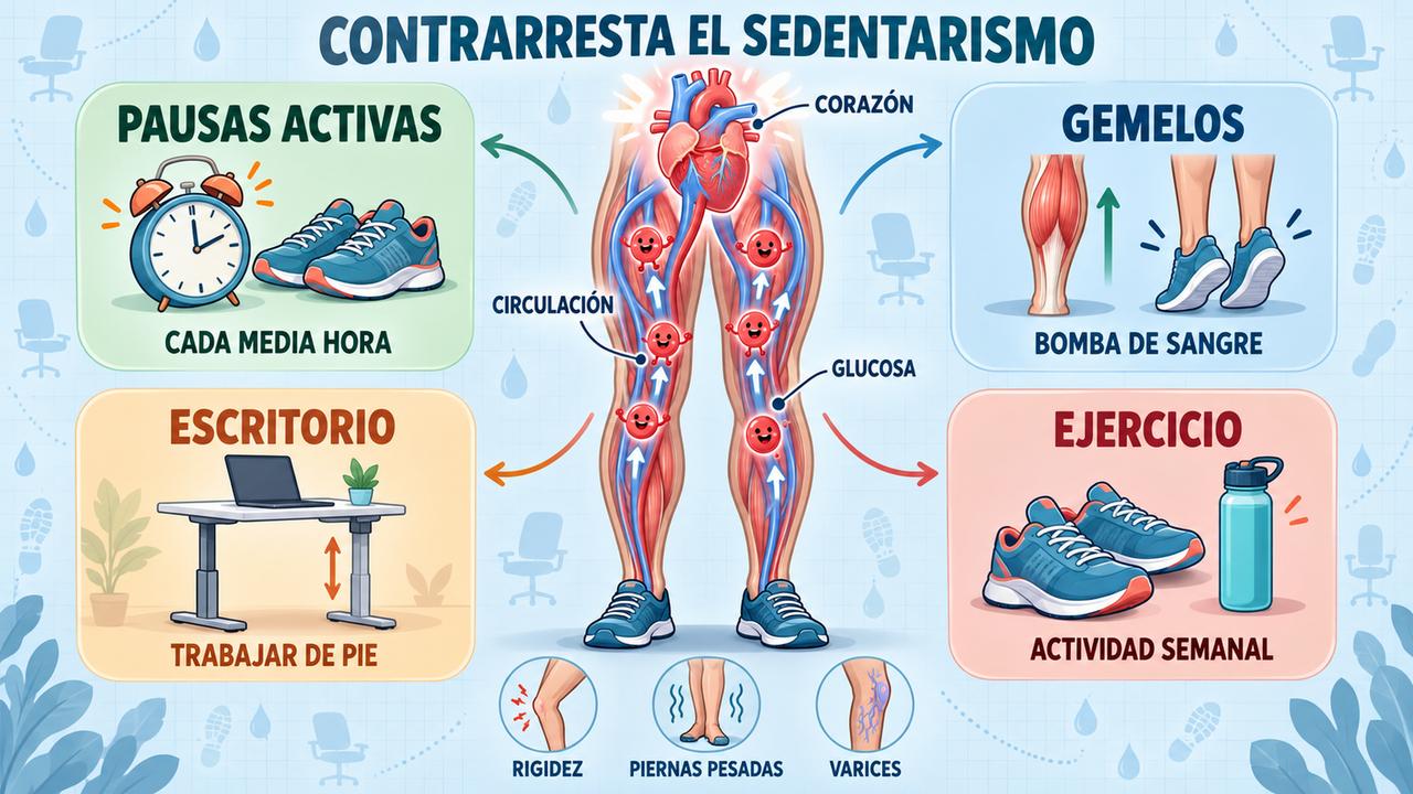 Pausas activas, gemelos en movimiento, escritorio elevable y ejercicio semanal frente a ocho horas sentado.