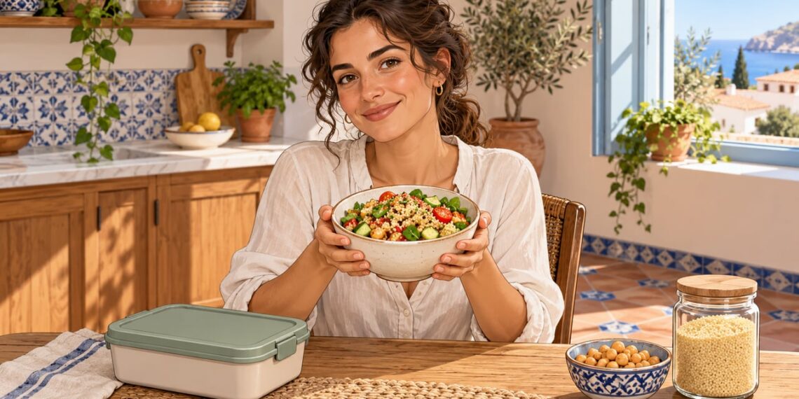 Un plato de quinoa con verduras y garbanzos ayuda a llegar saciado a media tarde.
