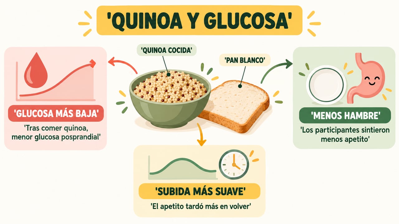 Tras comer quinoa, la glucosa subió más suave y el hambre tardó más en volver.