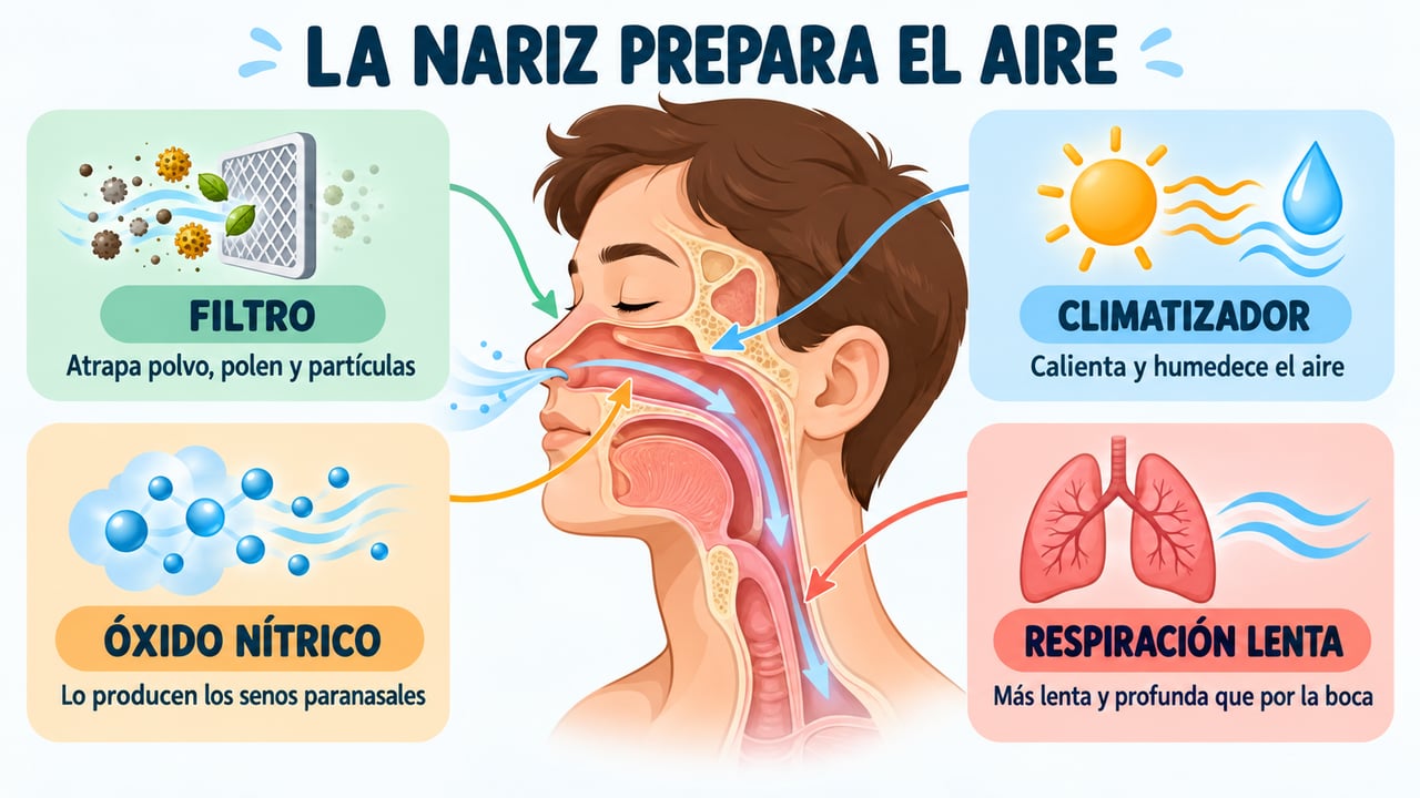 La nariz filtra, calienta y humedece el aire, produce óxido nítrico y ralentiza la respiración.