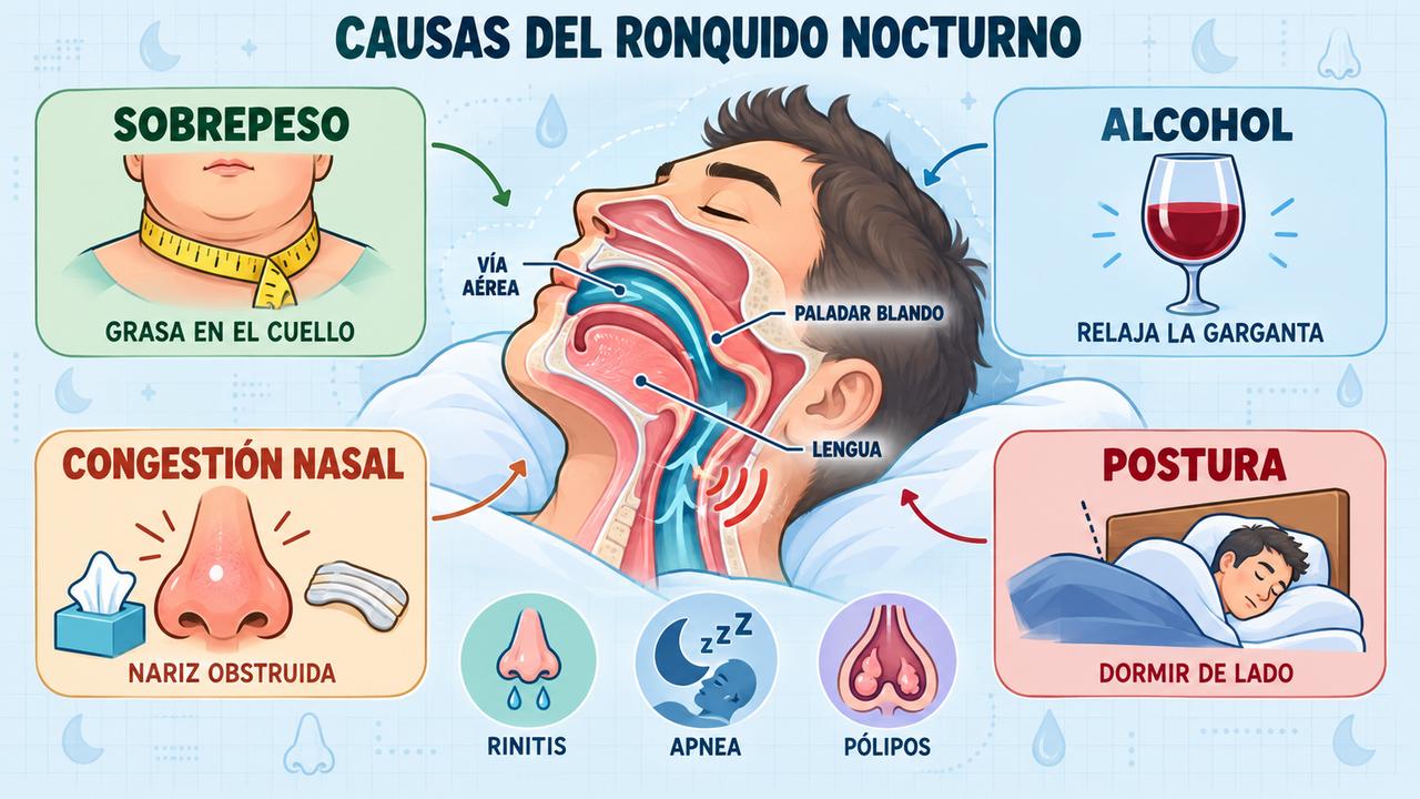 Sobrepeso, alcohol, congestión nasal y postura: los cuatro factores que estrechan la vía aérea y provocan ronquidos.