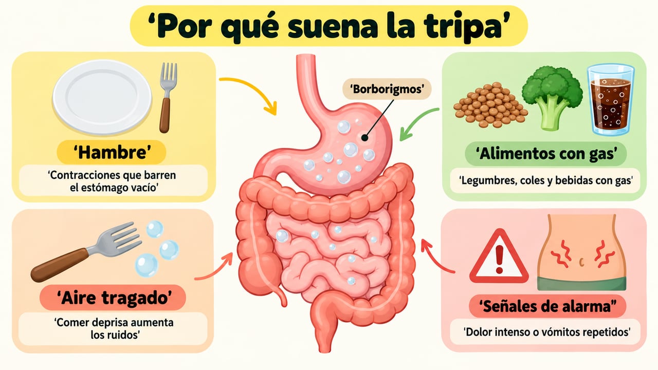 Hambre, alimentos que producen gases, aire tragado y señales de alarma explican los ruidos intestinales.