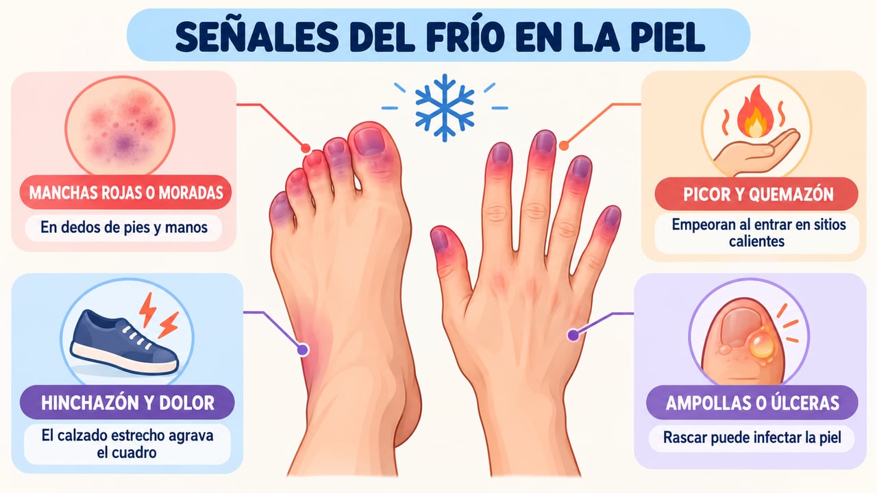 Manchas, picor, hinchazón y ampollas: las señales más habituales de los sabañones en pies y manos.