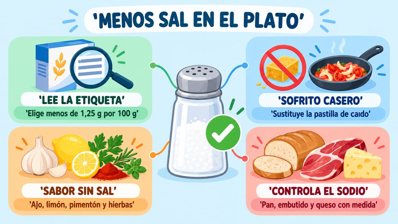 Leer la etiqueta, cocinar con sofrito y hierbas, y vigilar pan, embutido y queso reduce el sodio.