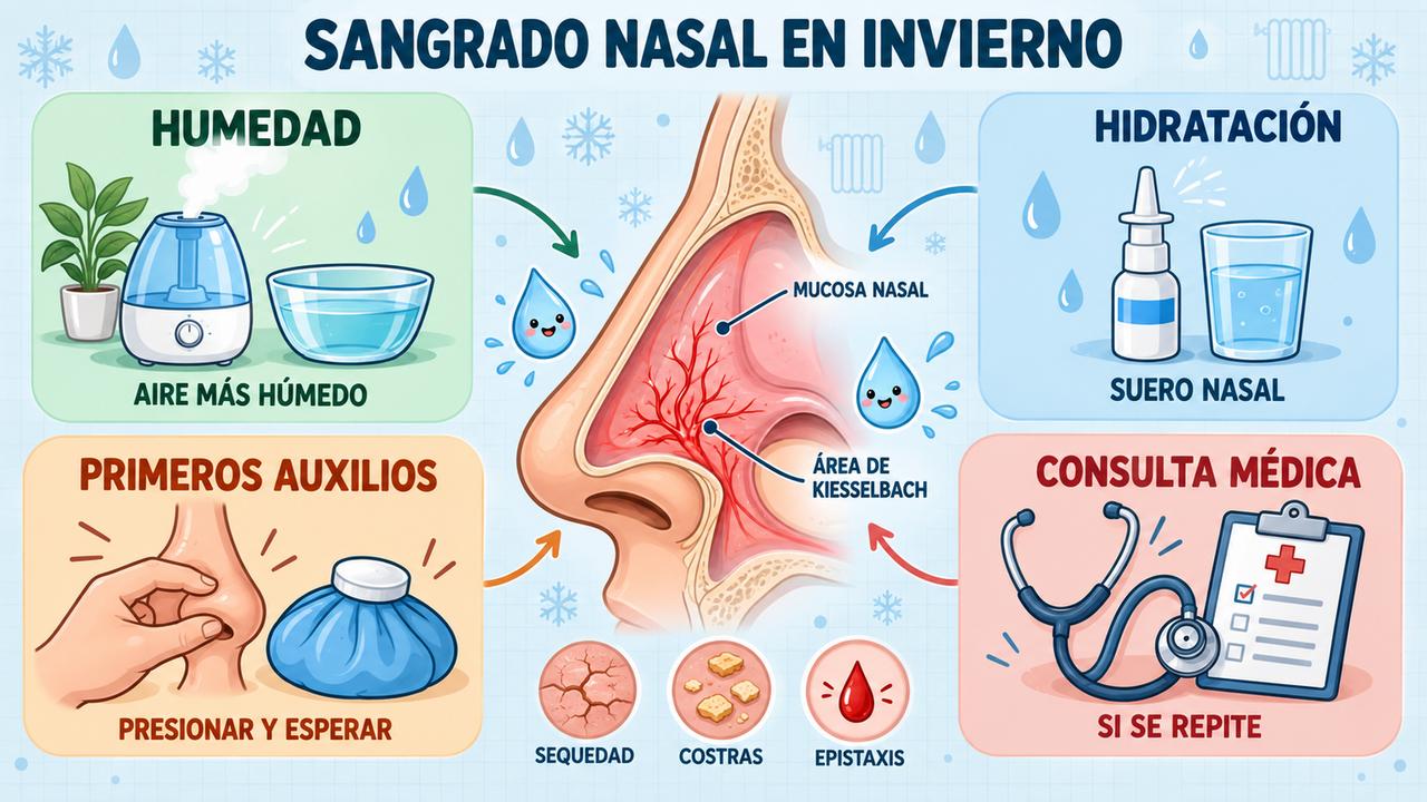 Humedad, hidratación nasal, primeros auxilios y consulta médica: cuatro pilares frente al sangrado de nariz en invierno.