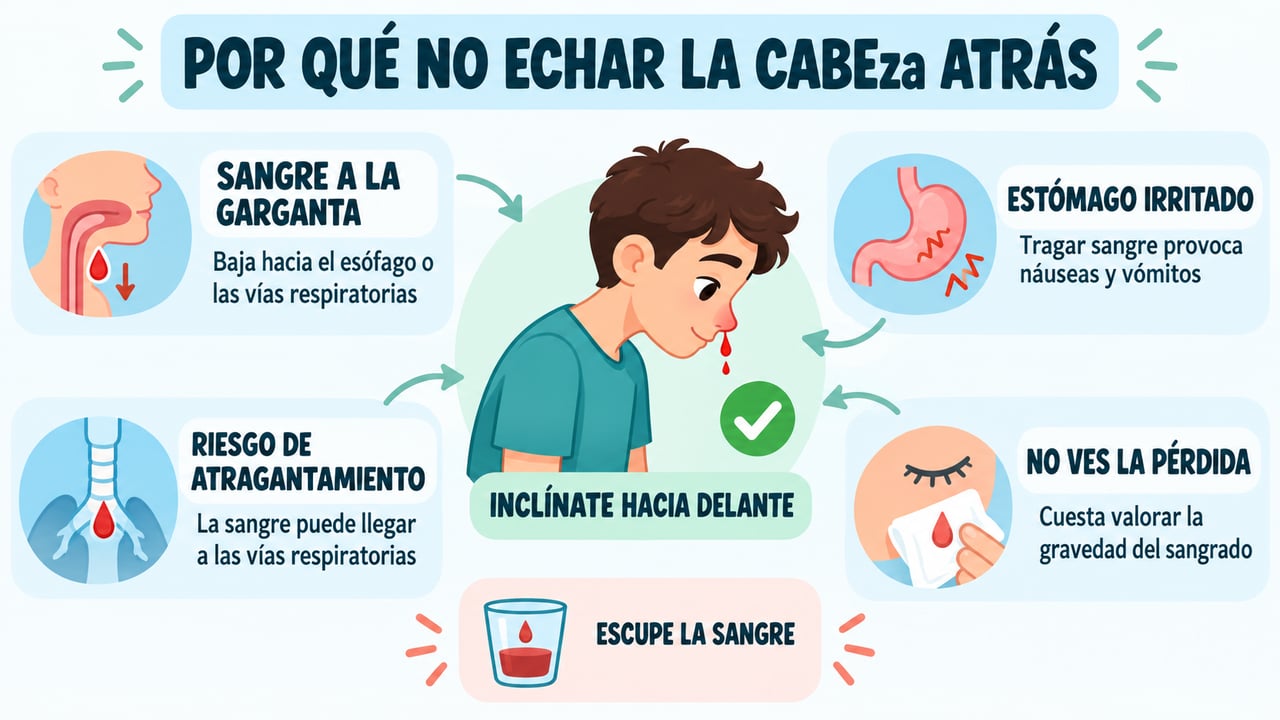 Echar la cabeza atrás hace tragar sangre, irrita el estómago y dificulta valorar la pérdida.