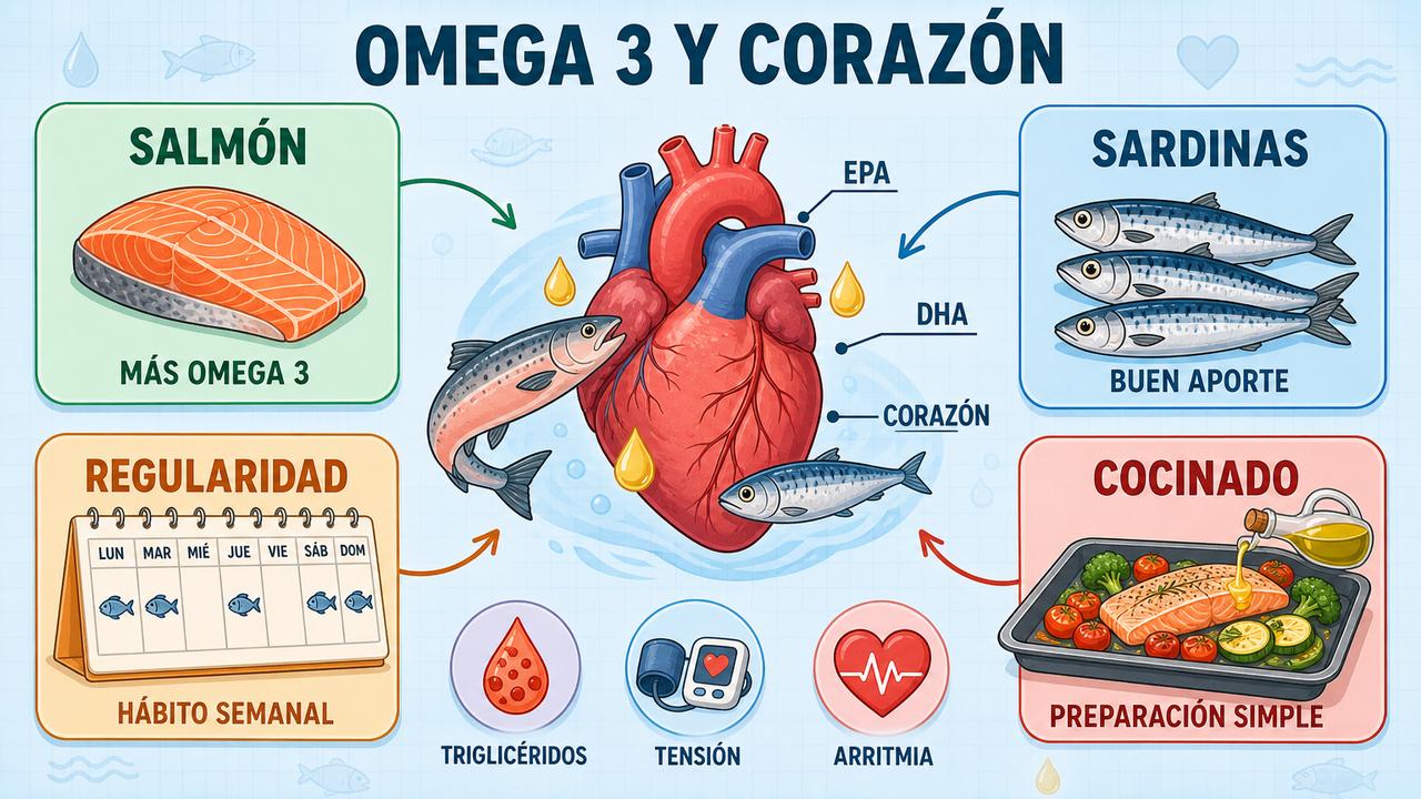 Comparativa visual de omega-3, regularidad y preparación para cuidar el corazón.