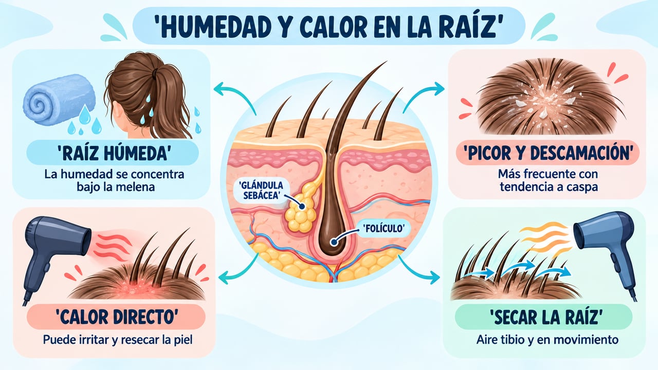 La humedad en la raíz y el calor directo influyen en el estado del cuero cabelludo.
