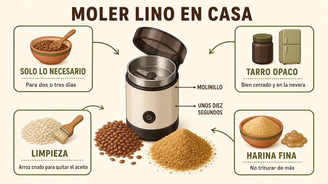 Pautas para moler lino en casa: cantidad justa, tarro opaco, limpieza del molinillo y harina fina.